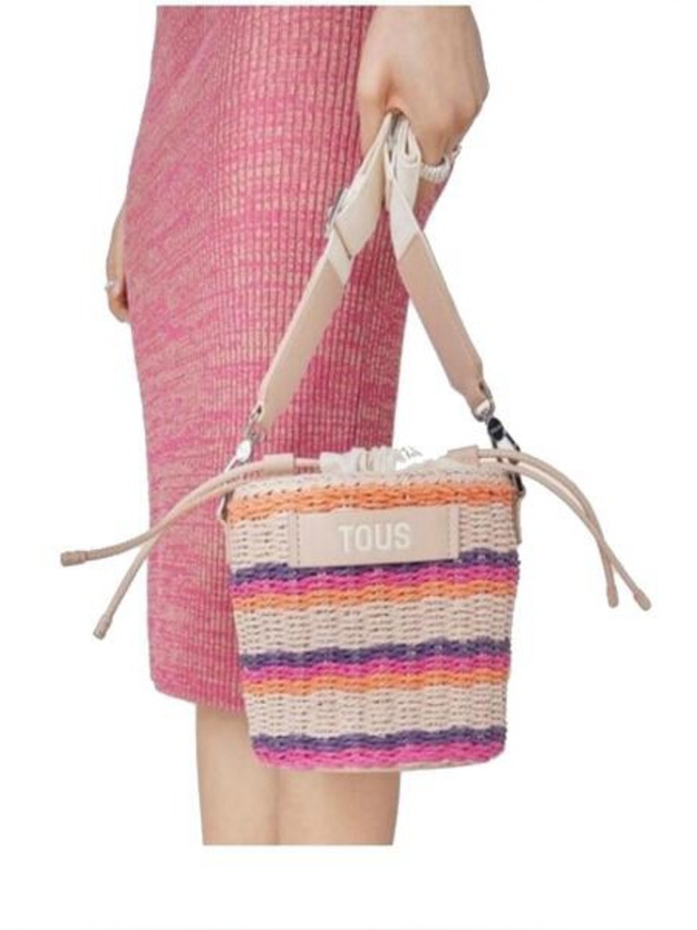 TOUS Pink Multicolor Striped Rafia Bucket Bag